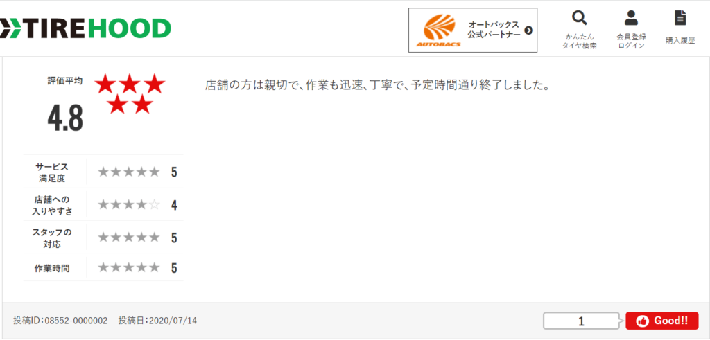 タイヤフッドのタイヤ取り付け店の詳細ページ
口コミや、取り付け店の評価が記載されている
