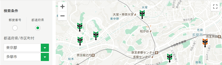 タイヤフッドの取付提携店を検索している画面